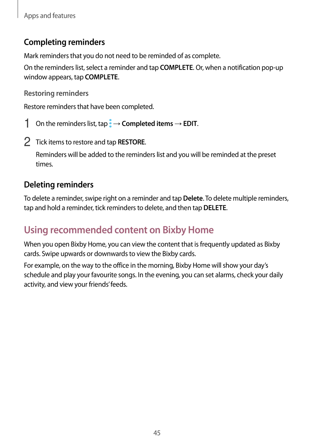 Samsung SM-T385NZDAXXV, SM-T385NZKAXXV Using recommended content on Bixby Home, Completing reminders, Deleting reminders 