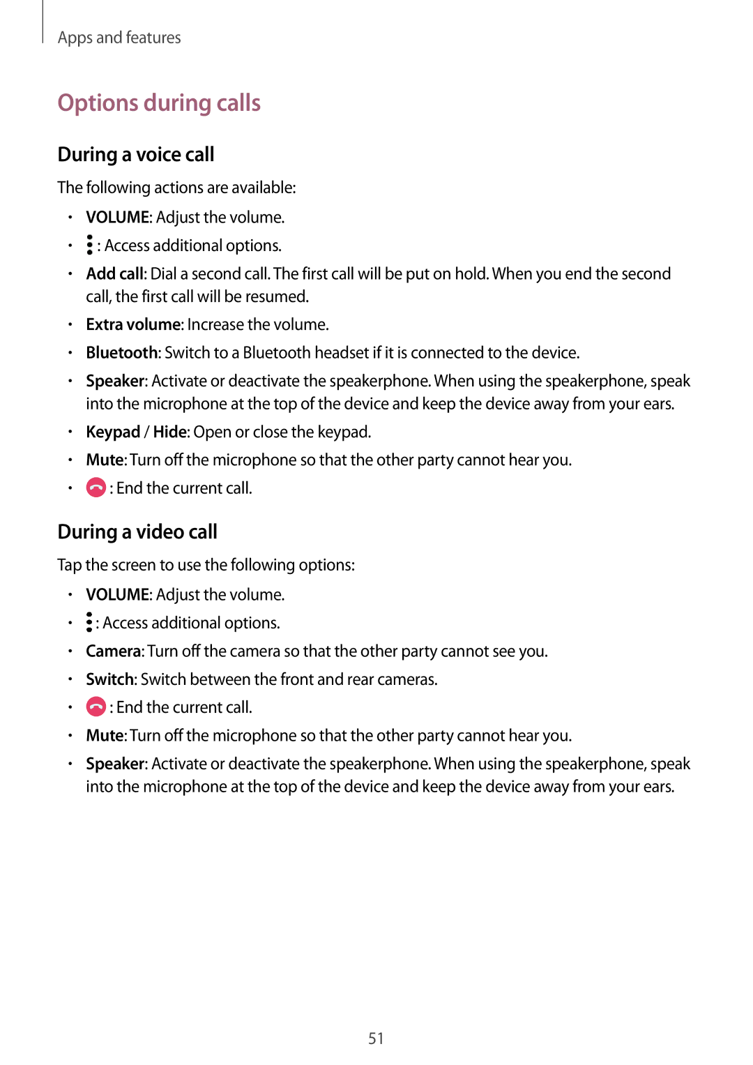 Samsung SM-T385NZDAXXV, SM-T385NZKAXXV manual Options during calls, During a voice call, During a video call 