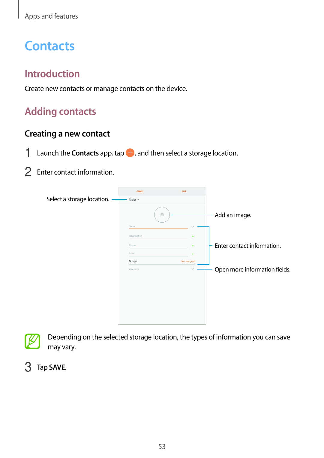 Samsung SM-T385NZDAXXV, SM-T385NZKAXXV manual Contacts, Adding contacts, Creating a new contact 