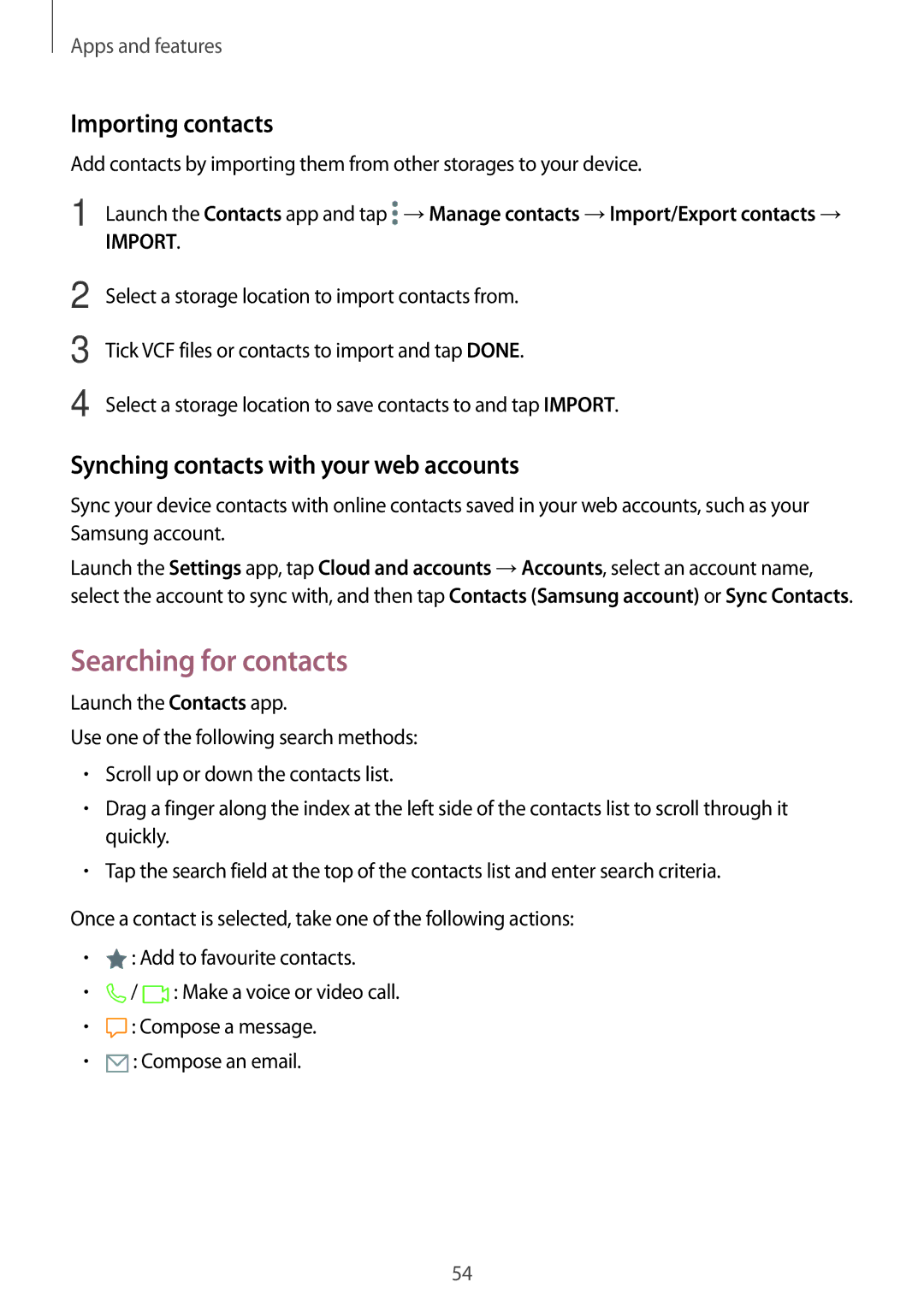 Samsung SM-T385NZKAXXV manual Searching for contacts, Importing contacts, Synching contacts with your web accounts 