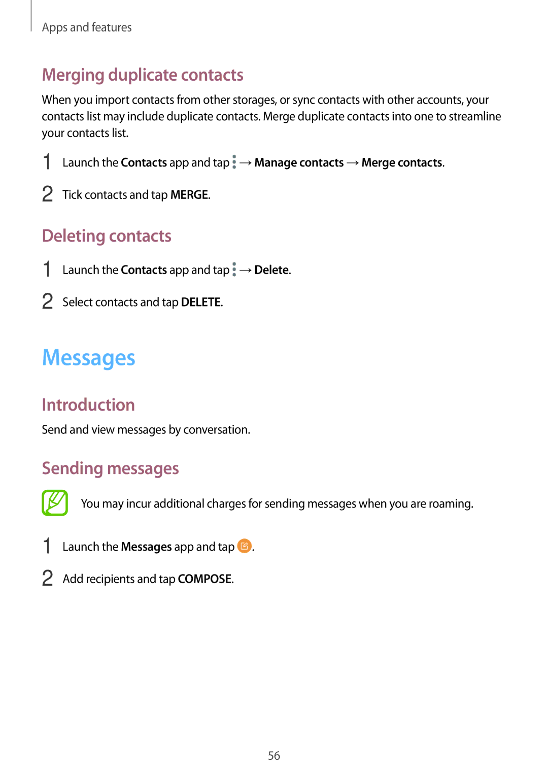 Samsung SM-T385NZKAXXV, SM-T385NZDAXXV manual Messages, Merging duplicate contacts, Deleting contacts, Sending messages 