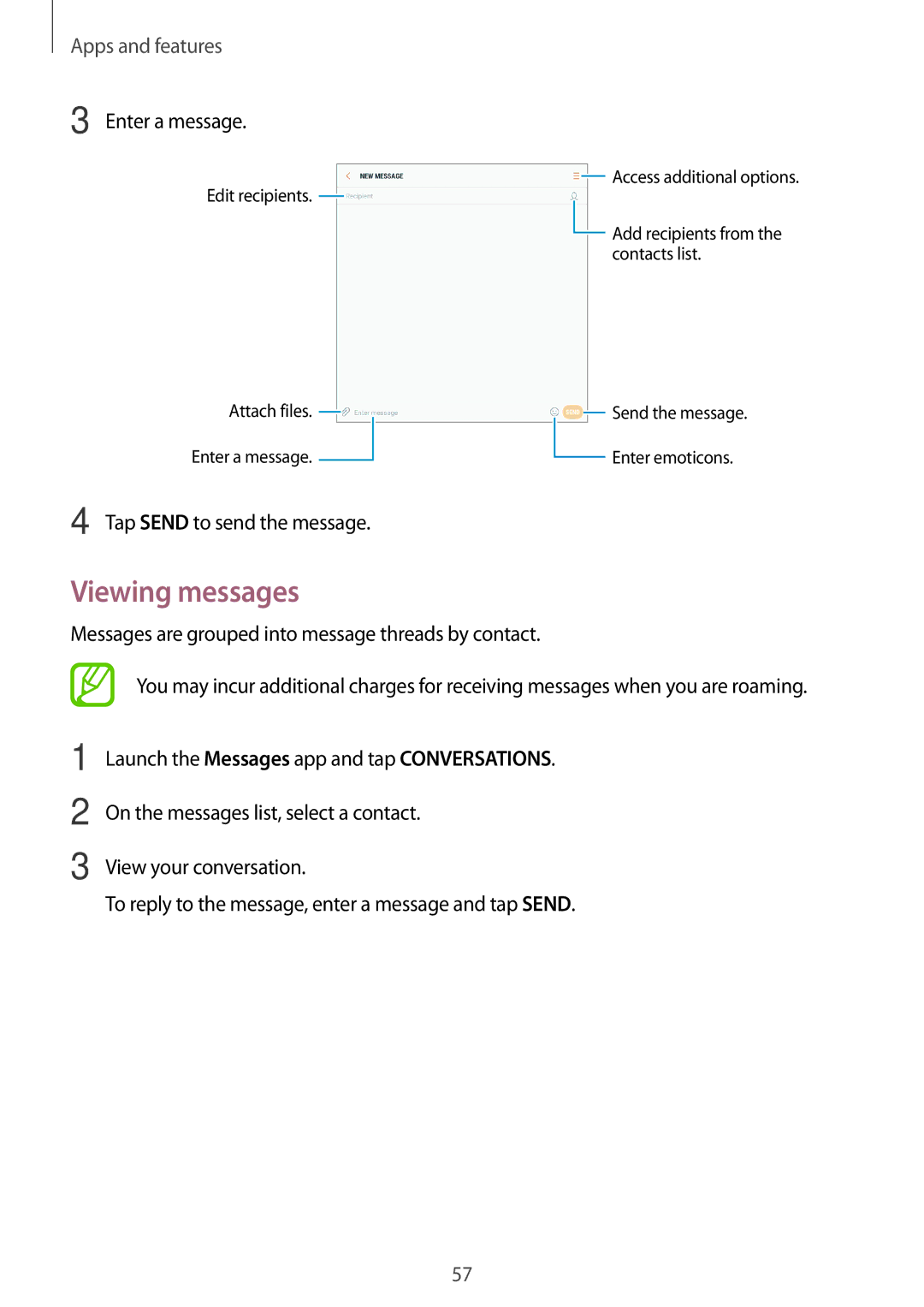 Samsung SM-T385NZDAXXV, SM-T385NZKAXXV manual Viewing messages, Enter a message 