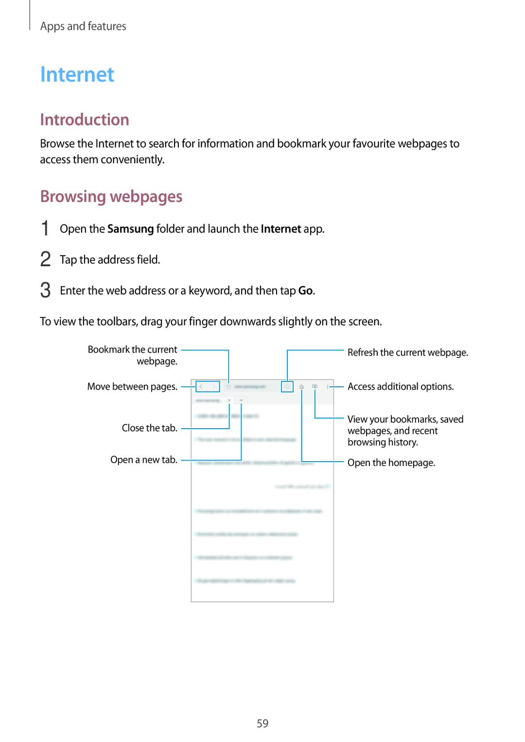 Samsung SM-T385NZDAXXV, SM-T385NZKAXXV manual Internet, Browsing webpages 