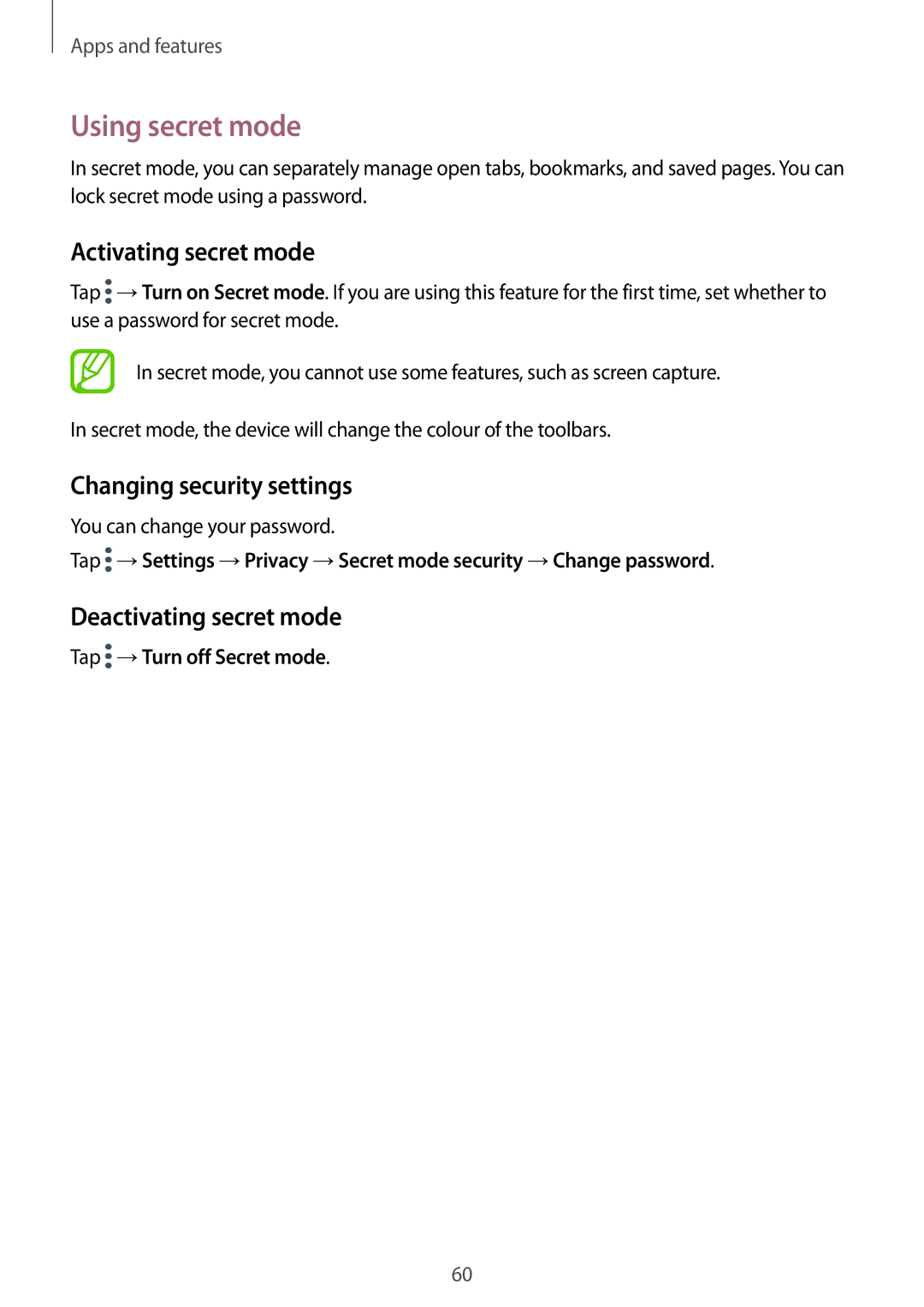 Samsung SM-T385NZKAXXV Using secret mode, Activating secret mode, Changing security settings, Deactivating secret mode 