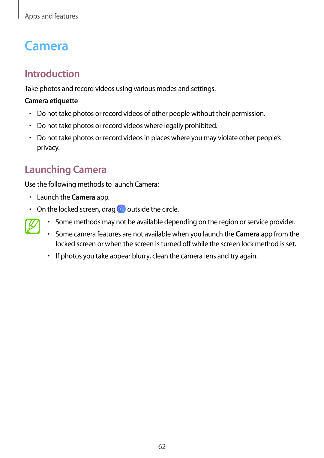 Samsung SM-T385NZKAXXV, SM-T385NZDAXXV manual Launching Camera, Camera etiquette 