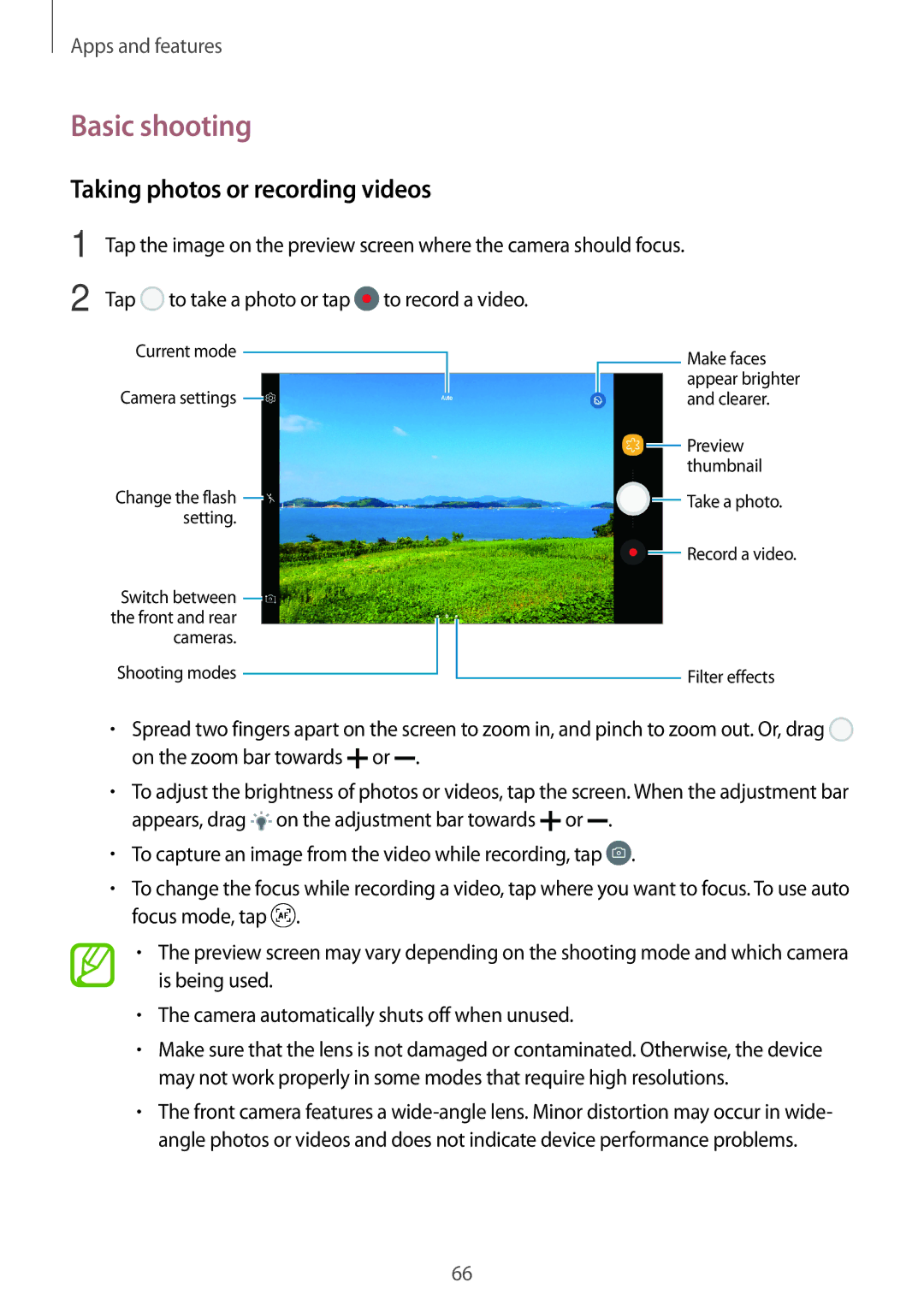 Samsung SM-T385NZKAXXV, SM-T385NZDAXXV manual Basic shooting, Taking photos or recording videos 