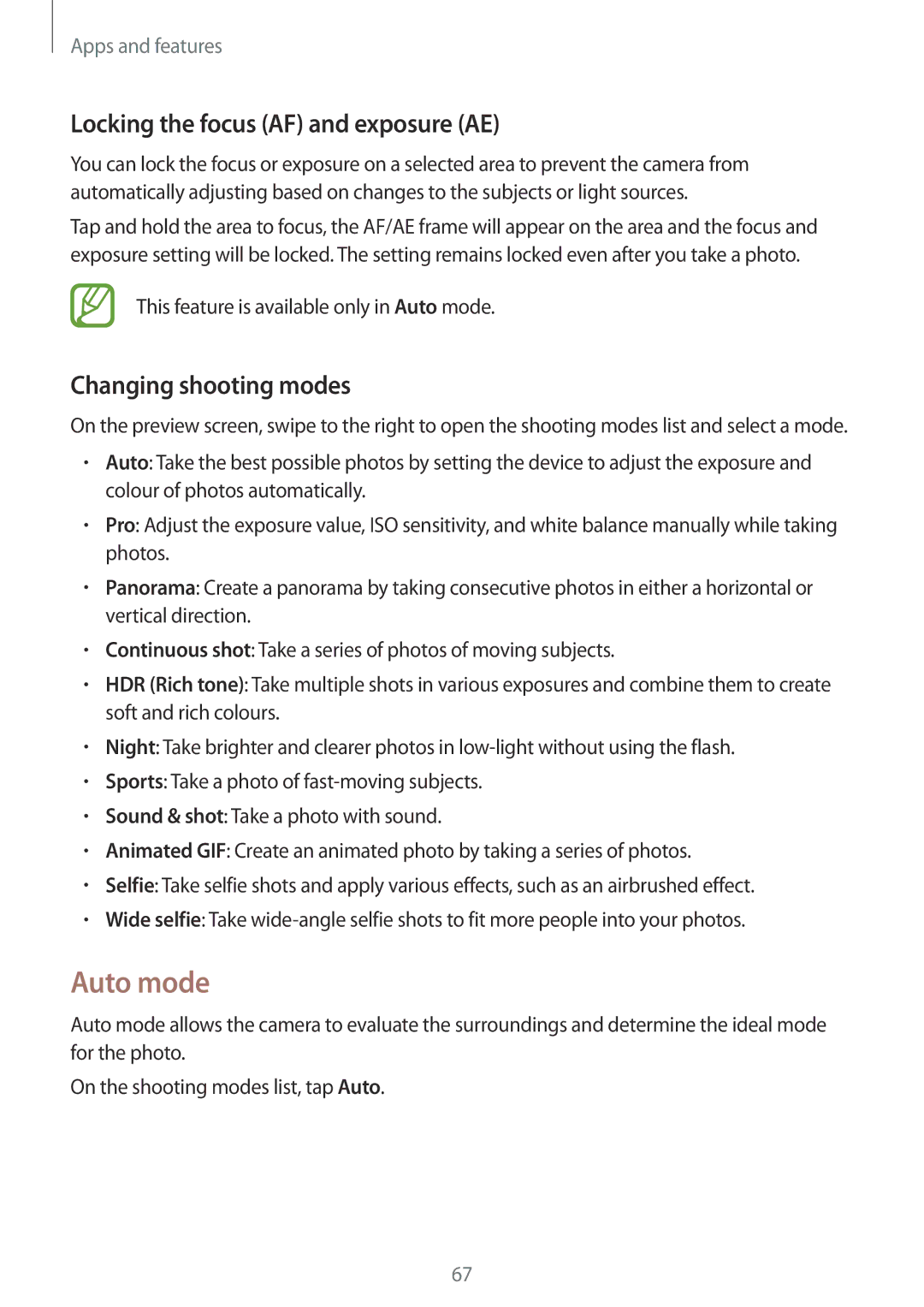 Samsung SM-T385NZDAXXV, SM-T385NZKAXXV manual Auto mode, Locking the focus AF and exposure AE, Changing shooting modes 