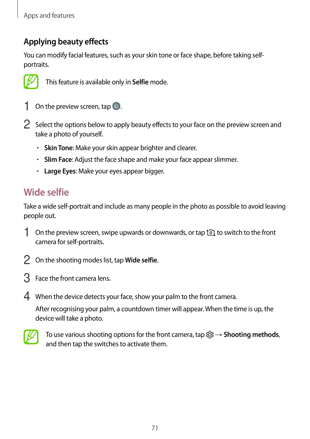 Samsung SM-T385NZDAXXV, SM-T385NZKAXXV manual Wide selfie, Applying beauty effects 