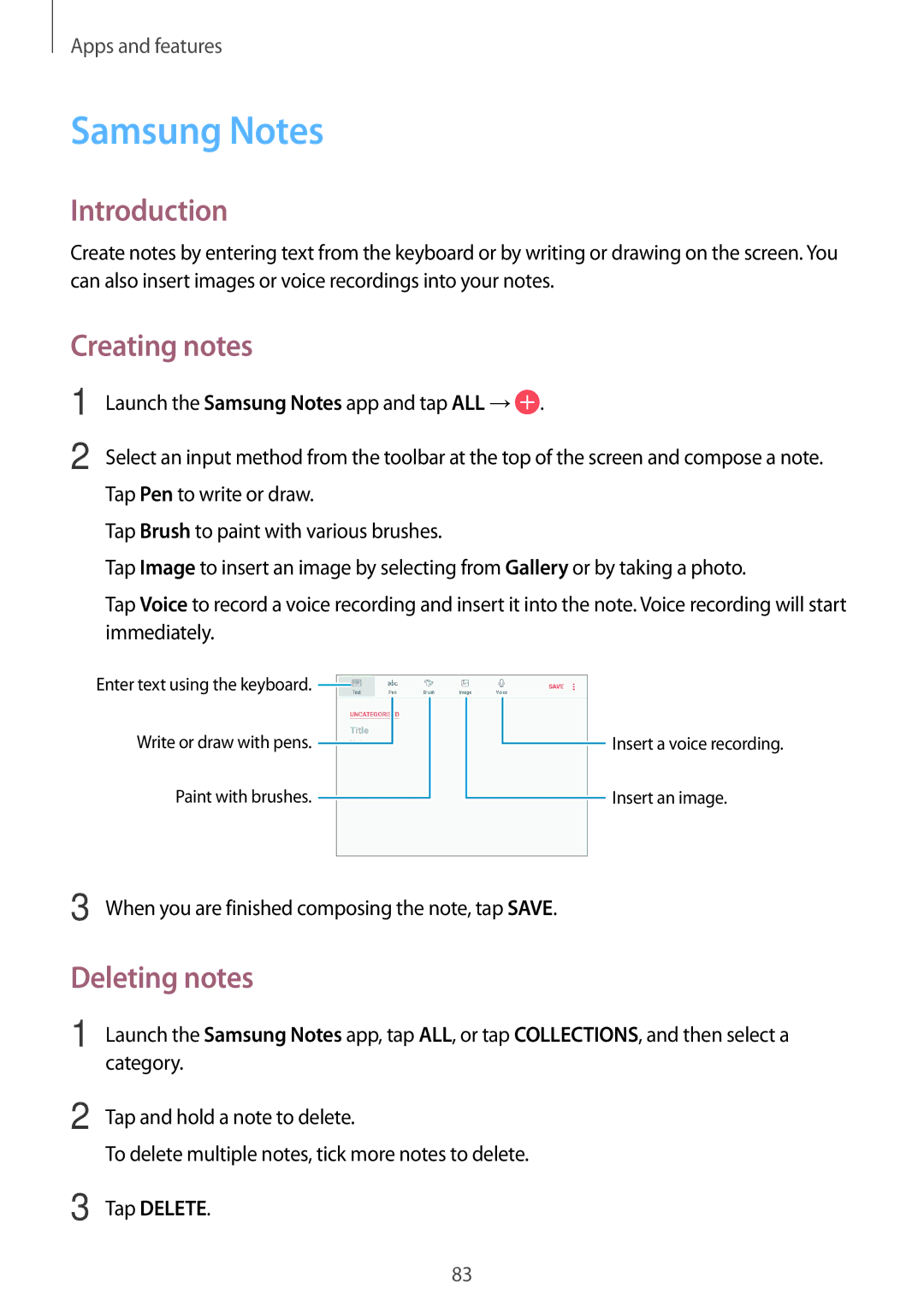 Samsung SM-T385NZDAXXV, SM-T385NZKAXXV manual Samsung Notes, Creating notes, Deleting notes 