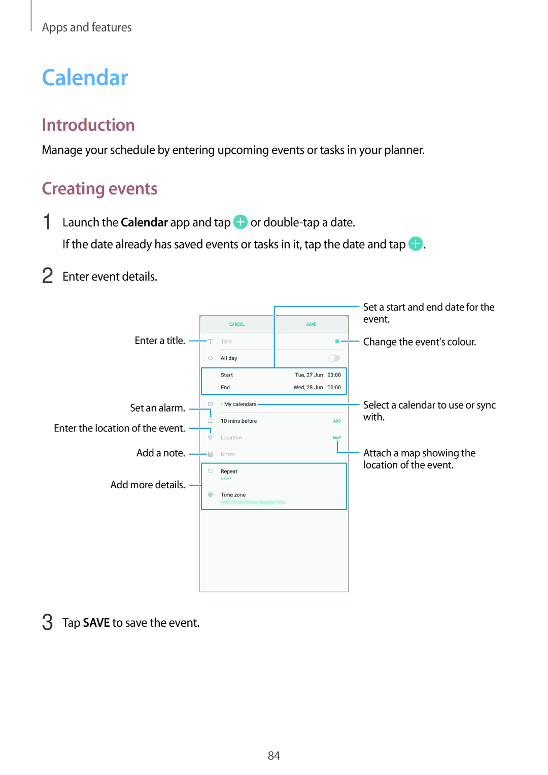 Samsung SM-T385NZKAXXV, SM-T385NZDAXXV manual Calendar, Creating events 