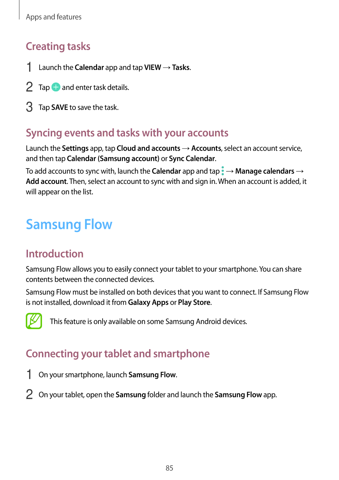 Samsung SM-T385NZDAXXV, SM-T385NZKAXXV manual Samsung Flow, Creating tasks, Syncing events and tasks with your accounts 