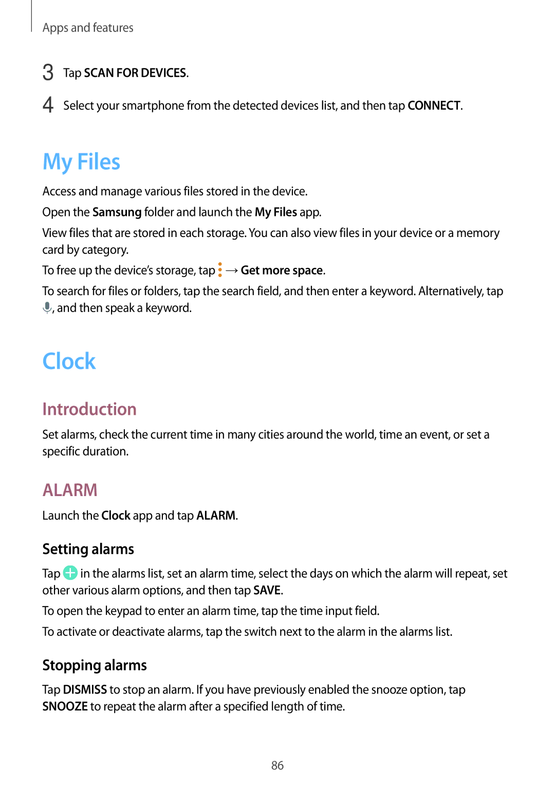 Samsung SM-T385NZKAXXV, SM-T385NZDAXXV manual My Files, Clock, Setting alarms, Stopping alarms, Tap Scan for Devices 