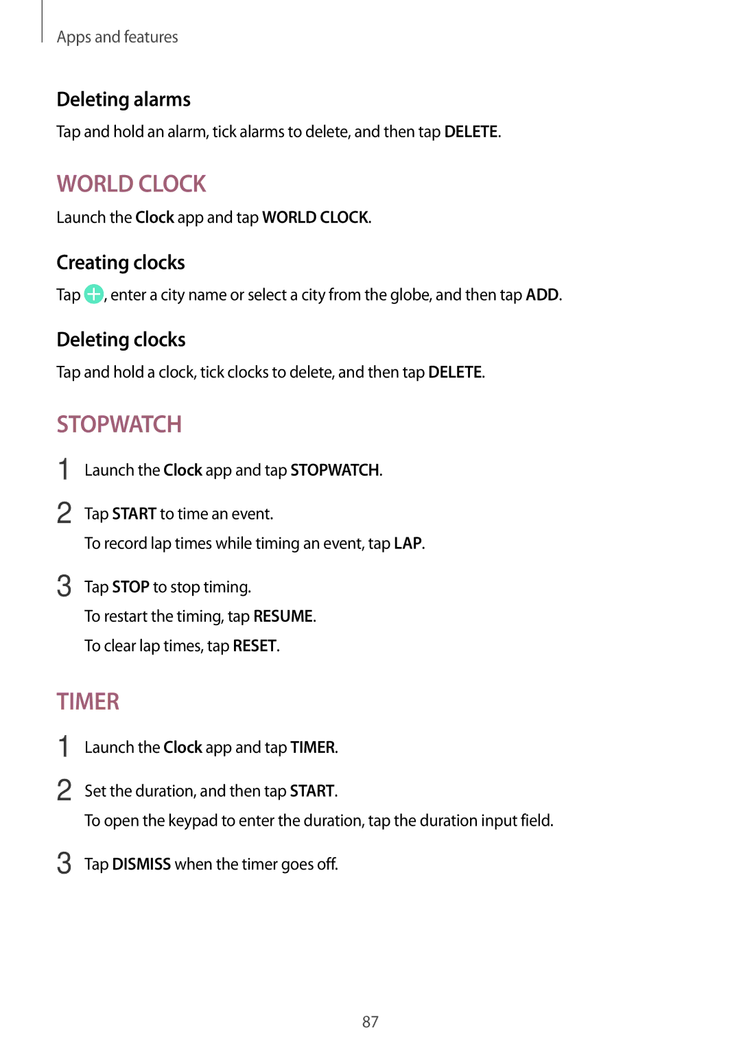 Samsung SM-T385NZDAXXV, SM-T385NZKAXXV manual Deleting alarms, Creating clocks, Deleting clocks 