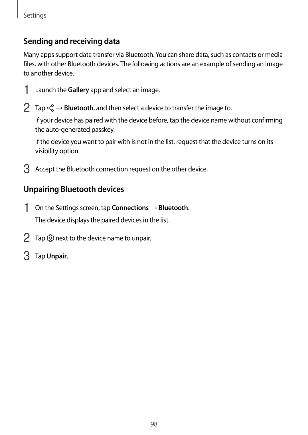 Samsung SM-T385NZKAXXV, SM-T385NZDAXXV manual Sending and receiving data, Unpairing Bluetooth devices, Tap Unpair 