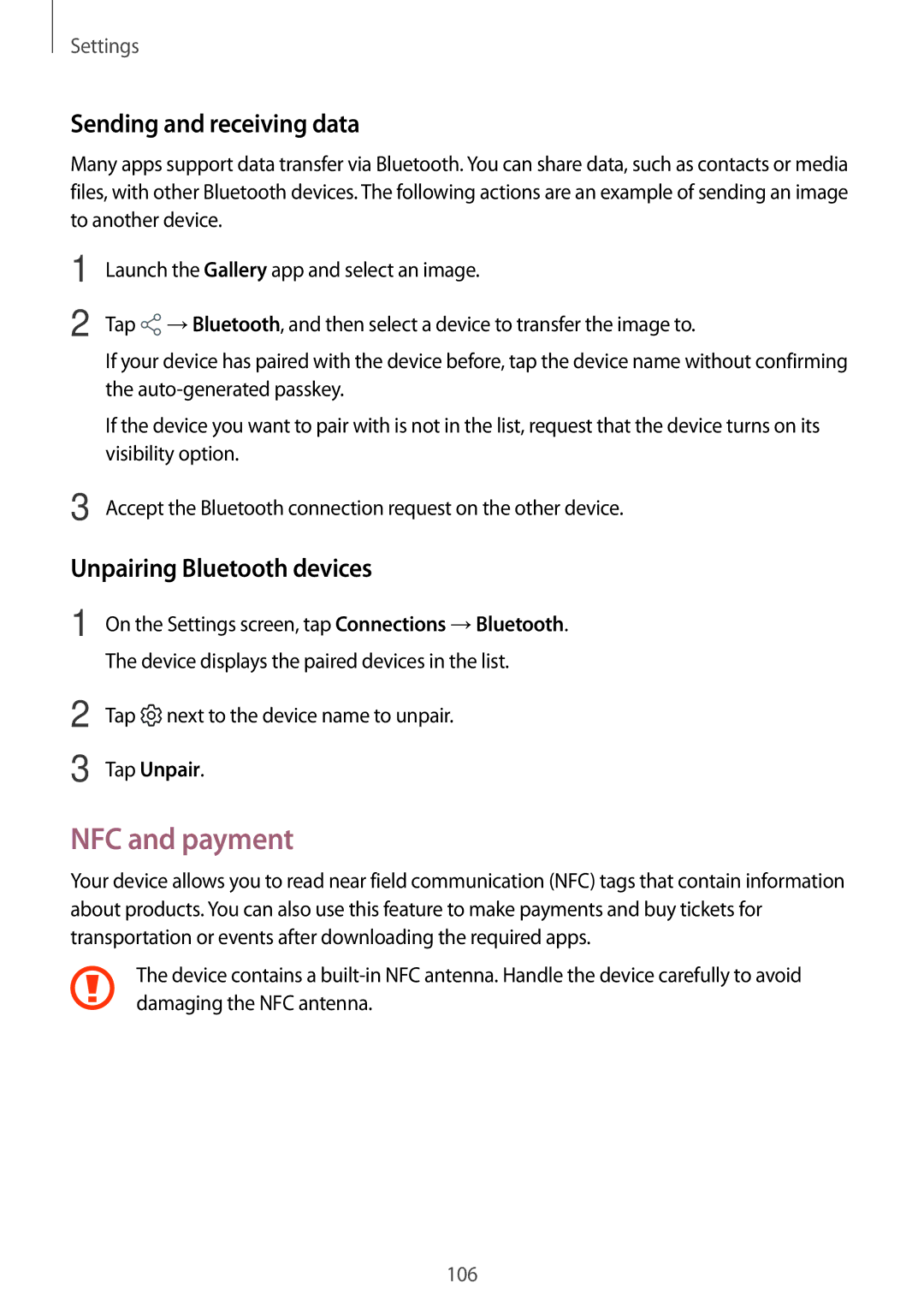 Samsung SM-T390NZKAITV manual NFC and payment, Sending and receiving data, Unpairing Bluetooth devices, Tap Unpair 