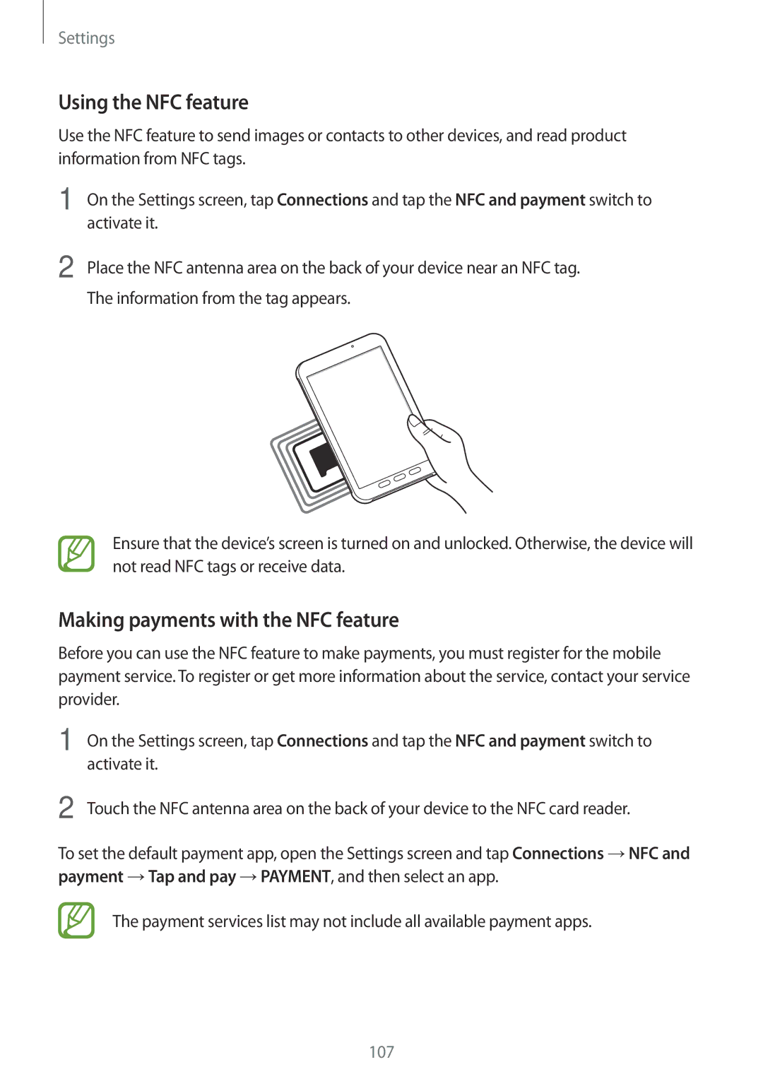 Samsung SM-T390NZKAPHE, SM-T390NZKAATO, SM-T390NZKAXEF manual Using the NFC feature, Making payments with the NFC feature 