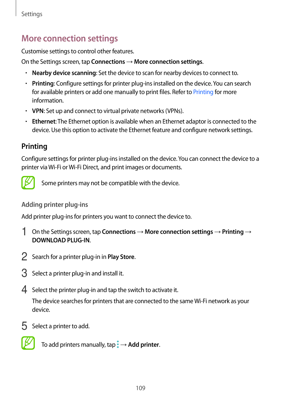 Samsung SM-T390NZKAEUR, SM-T390NZKAATO, SM-T390NZKAXEF manual More connection settings, Printing, Adding printer plug-ins 