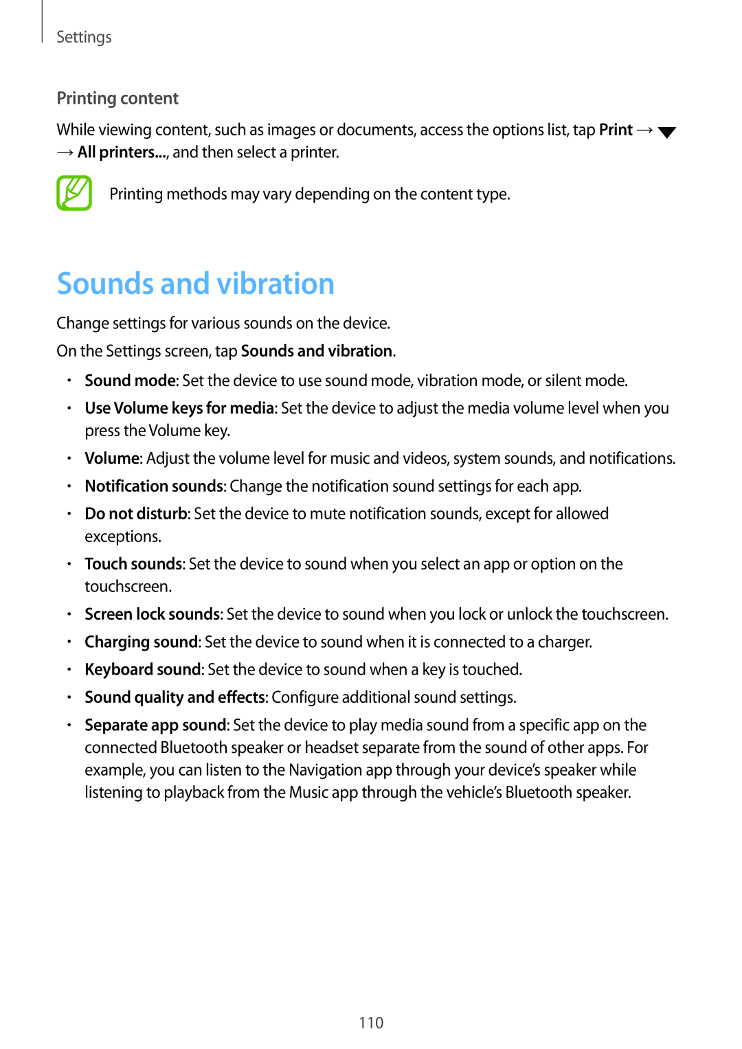 Samsung SM-T390NZKAXSK, SM-T390NZKAATO, SM-T390NZKAXEF, SM-T390NZKAITV, SM-T390NZKAPHE Sounds and vibration, Printing content 