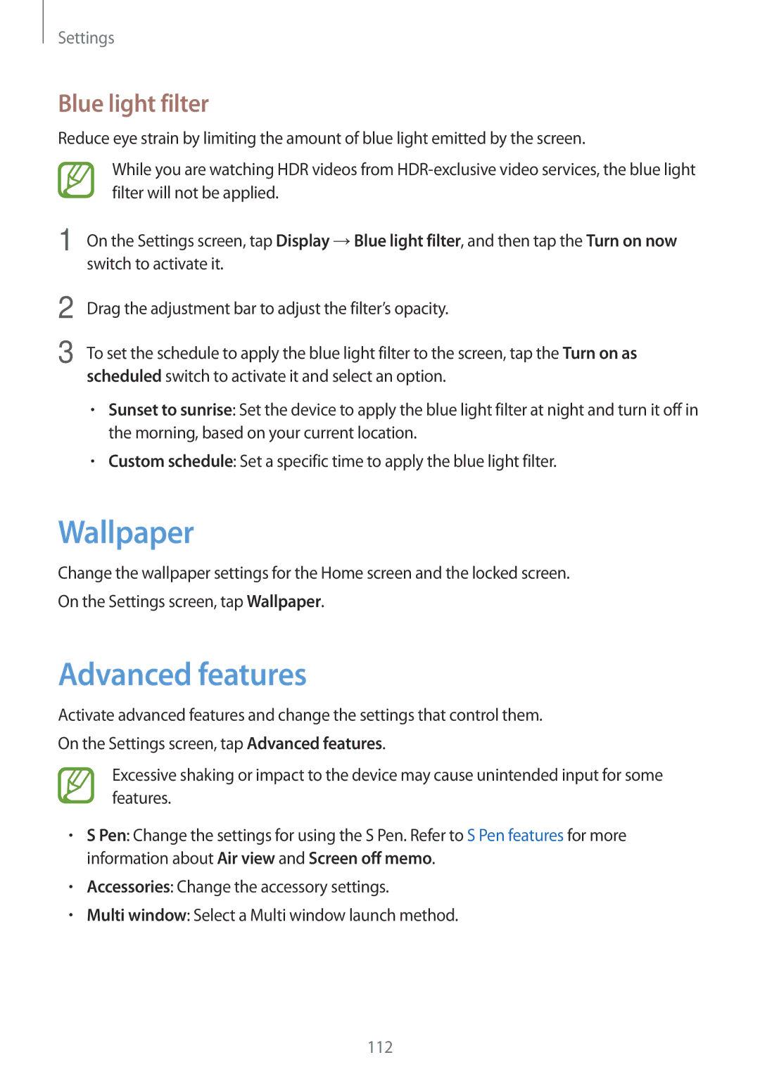 Samsung SM-T390NZKAATO, SM-T390NZKAXEF, SM-T390NZKAITV, SM-T390NZKAPHE manual Wallpaper, Advanced features, Blue light filter 
