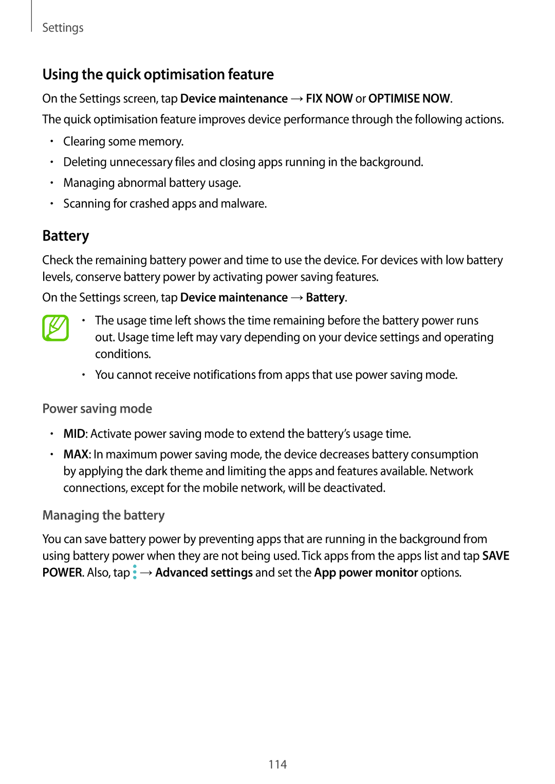 Samsung SM-T390NZKAITV manual Using the quick optimisation feature, Battery, Power saving mode, Managing the battery 