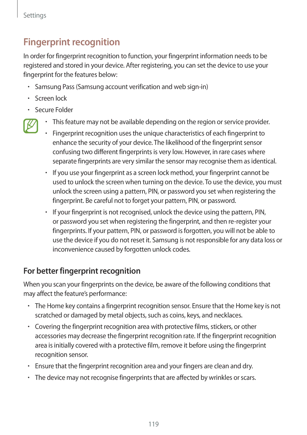 Samsung SM-T390NZKASER, SM-T390NZKAATO, SM-T390NZKAXEF manual Fingerprint recognition, For better fingerprint recognition 