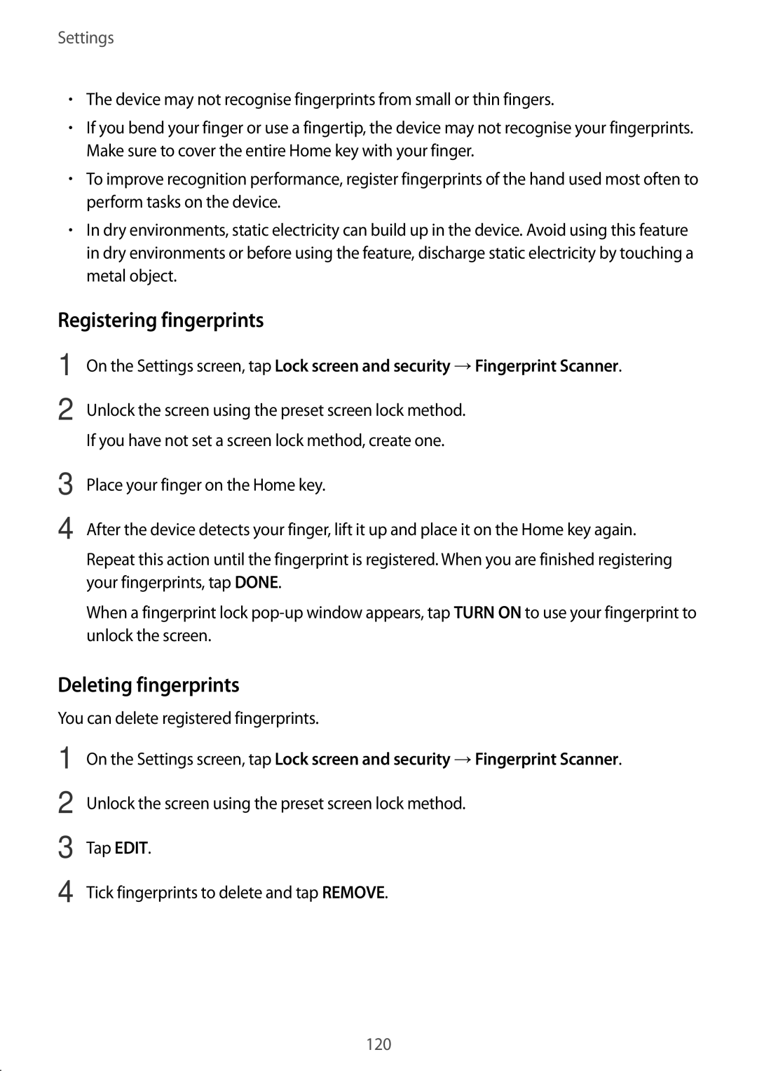 Samsung SM-T390NZKAATO manual Registering fingerprints, Deleting fingerprints, You can delete registered fingerprints 