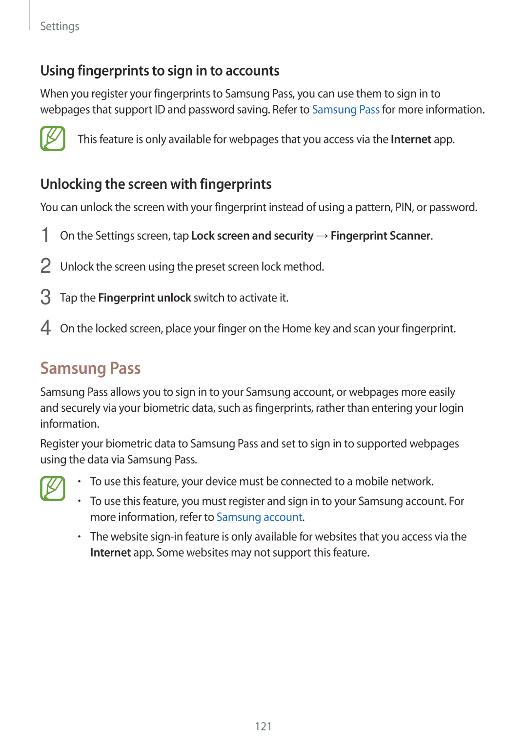 Samsung SM-T390NZKAXEF Samsung Pass, Using fingerprints to sign in to accounts, Unlocking the screen with fingerprints 