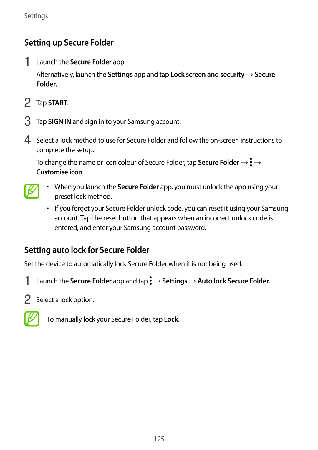 Samsung SM-T390NZKAEUR, SM-T390NZKAATO, SM-T390NZKAXEF manual Setting up Secure Folder, Setting auto lock for Secure Folder 