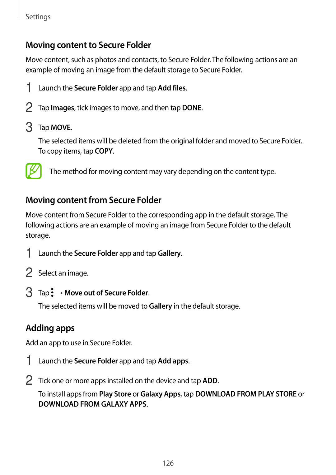 Samsung SM-T390NZKAXSK, SM-T390NZKAATO Moving content to Secure Folder, Moving content from Secure Folder, Adding apps 