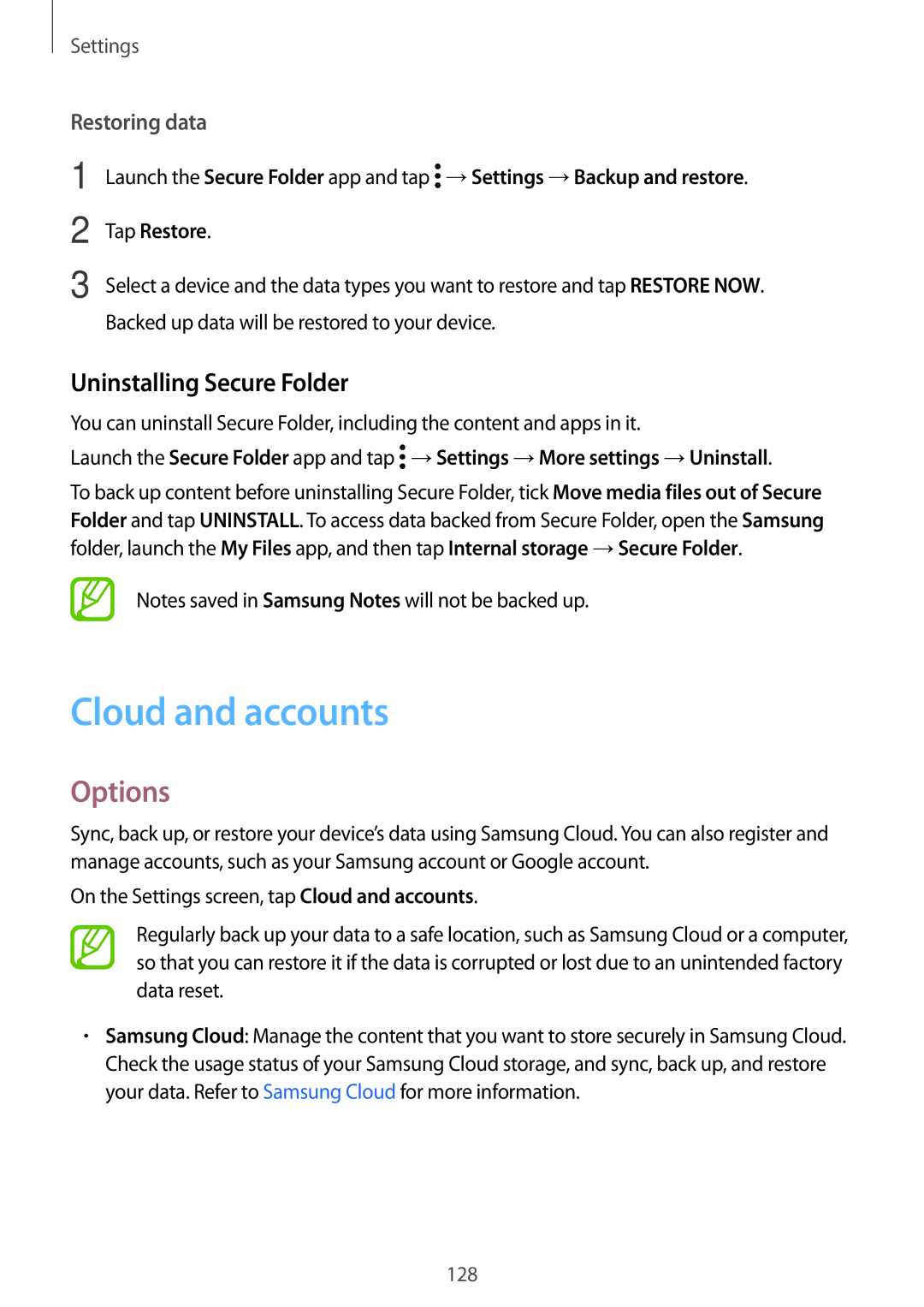 Samsung SM-T390NZKAATO, SM-T390NZKAXEF, SM-T390NZKAITV manual Cloud and accounts, Uninstalling Secure Folder, Restoring data 