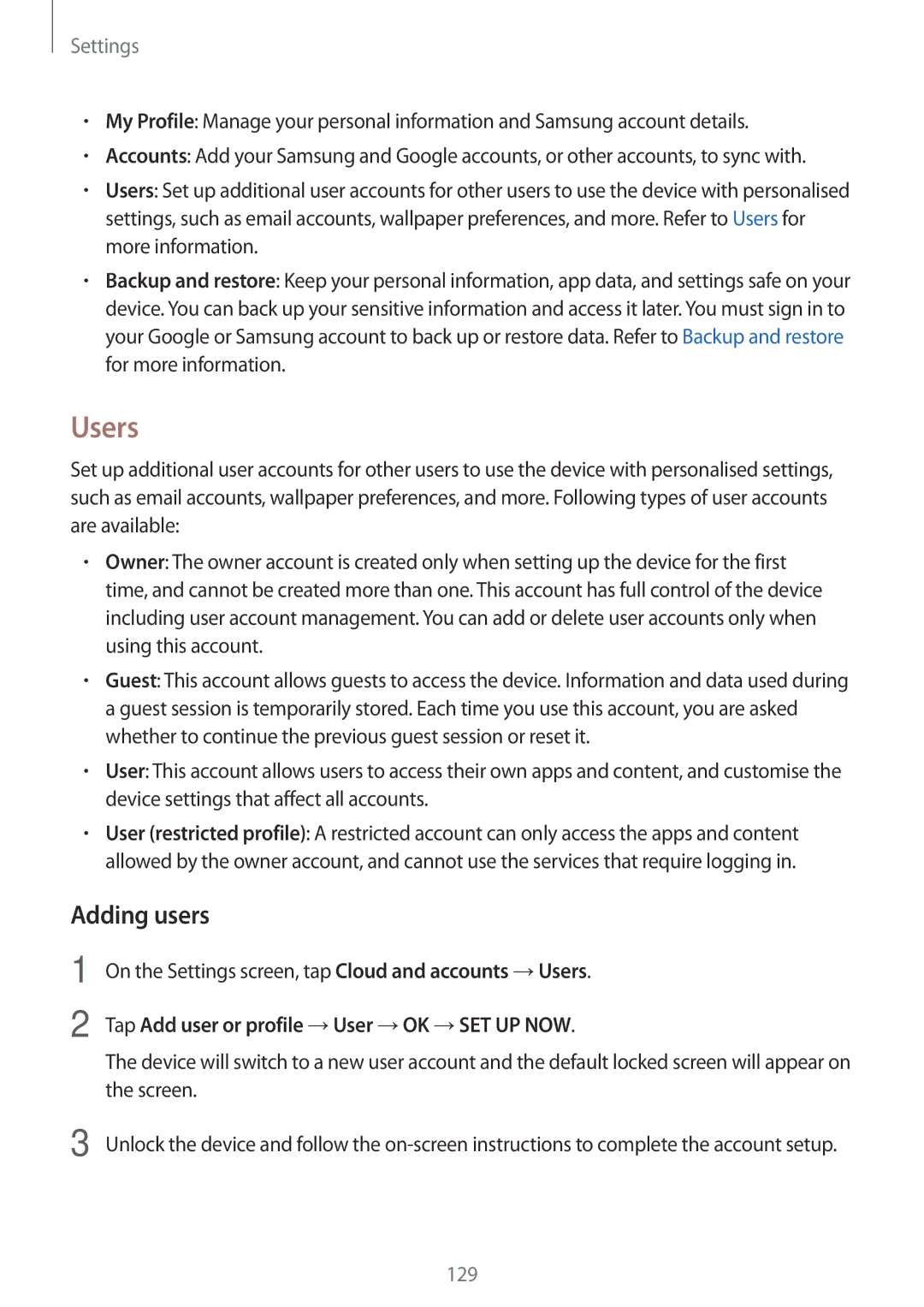 Samsung SM-T390NZKAXEF, SM-T390NZKAATO manual Adding users, On the Settings screen, tap Cloud and accounts →Users 