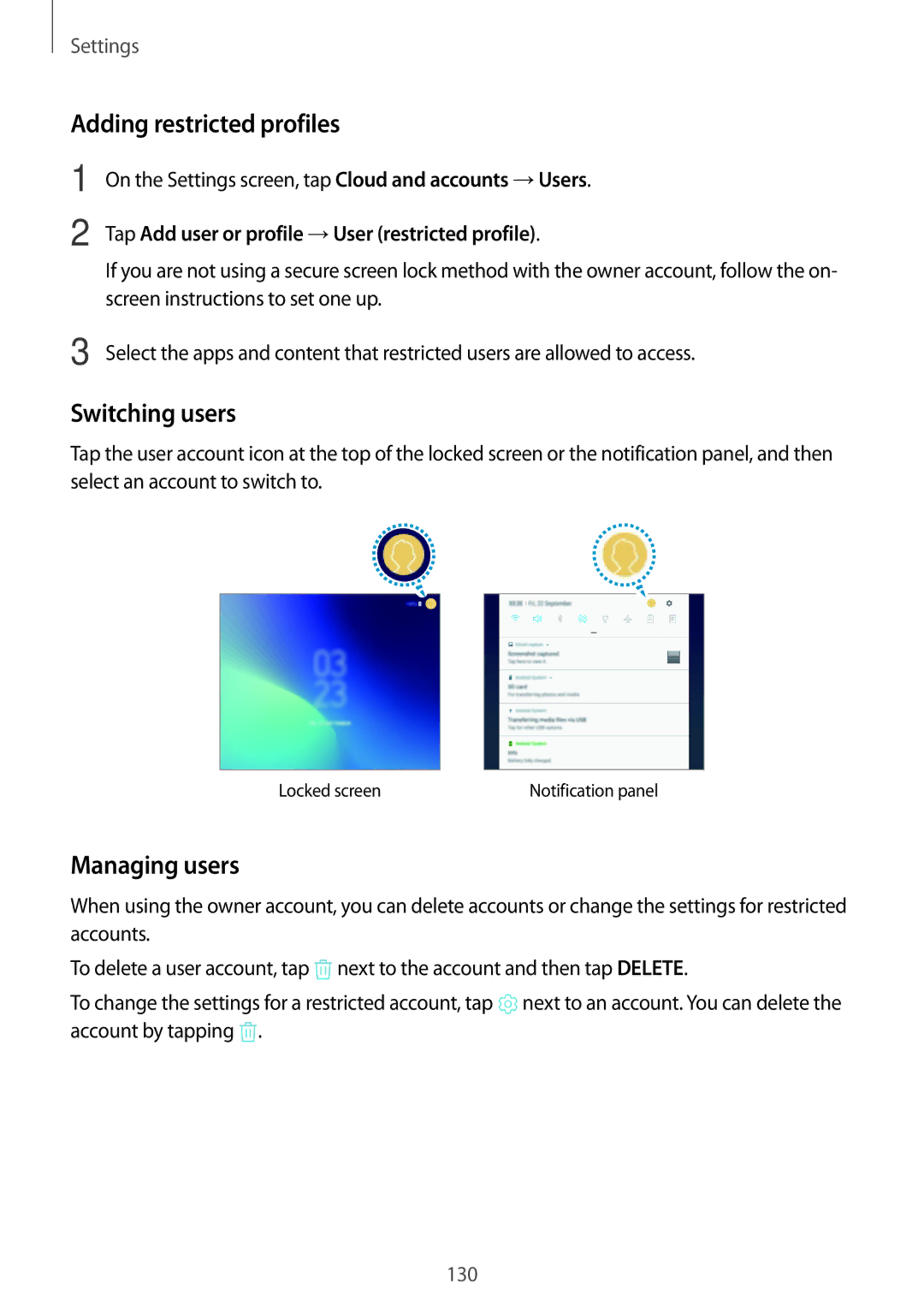 Samsung SM-T390NZKAITV, SM-T390NZKAATO, SM-T390NZKAXEF manual Adding restricted profiles, Switching users, Managing users 