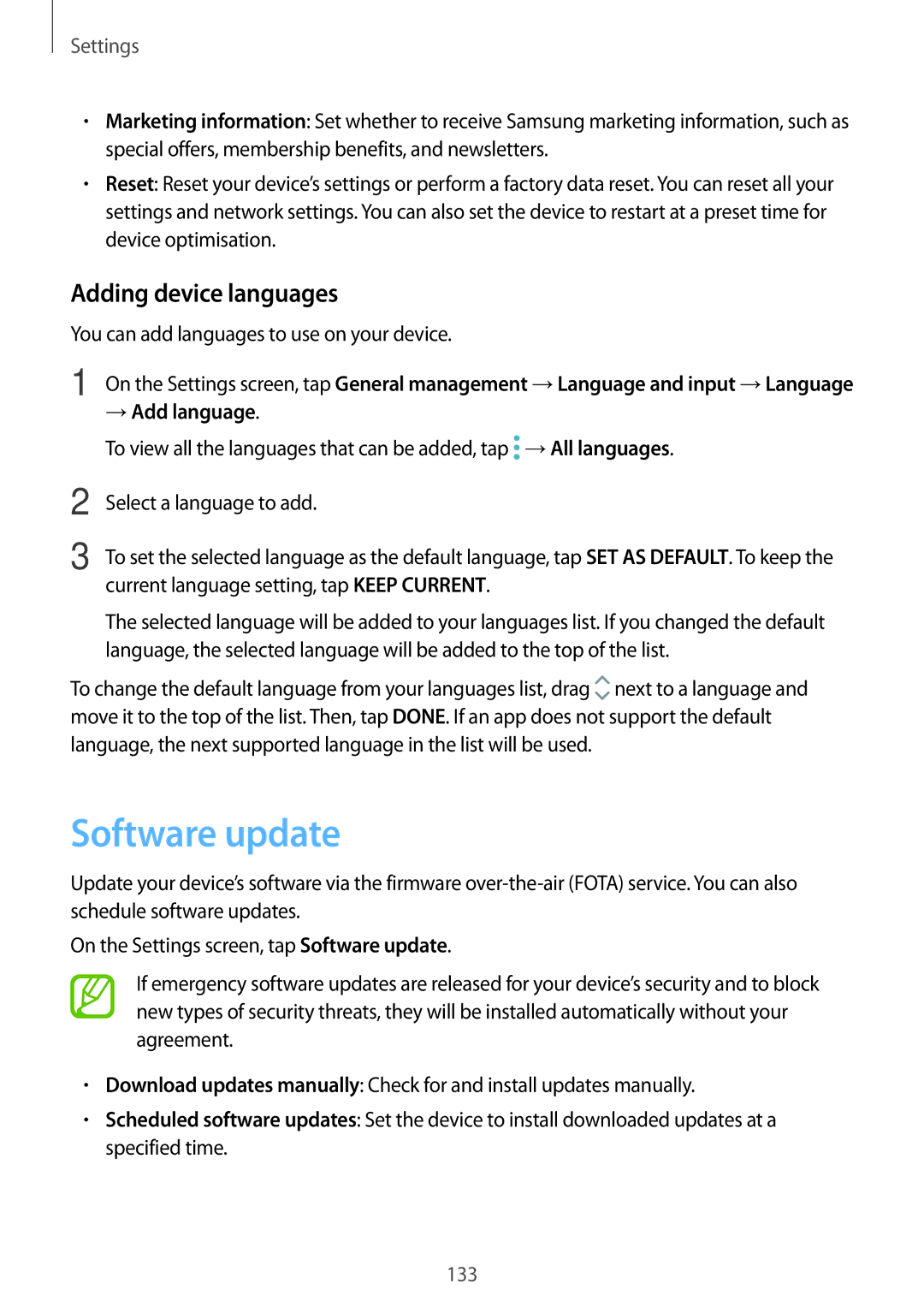 Samsung SM-T390NZKAEUR manual Software update, Adding device languages, You can add languages to use on your device 