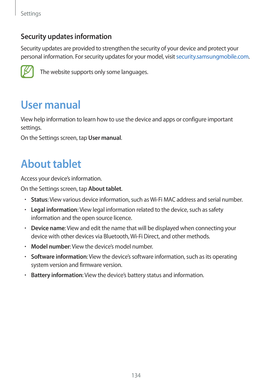 Samsung SM-T390NZKAXSK, SM-T390NZKAATO, SM-T390NZKAXEF, SM-T390NZKAITV manual About tablet, Security updates information 