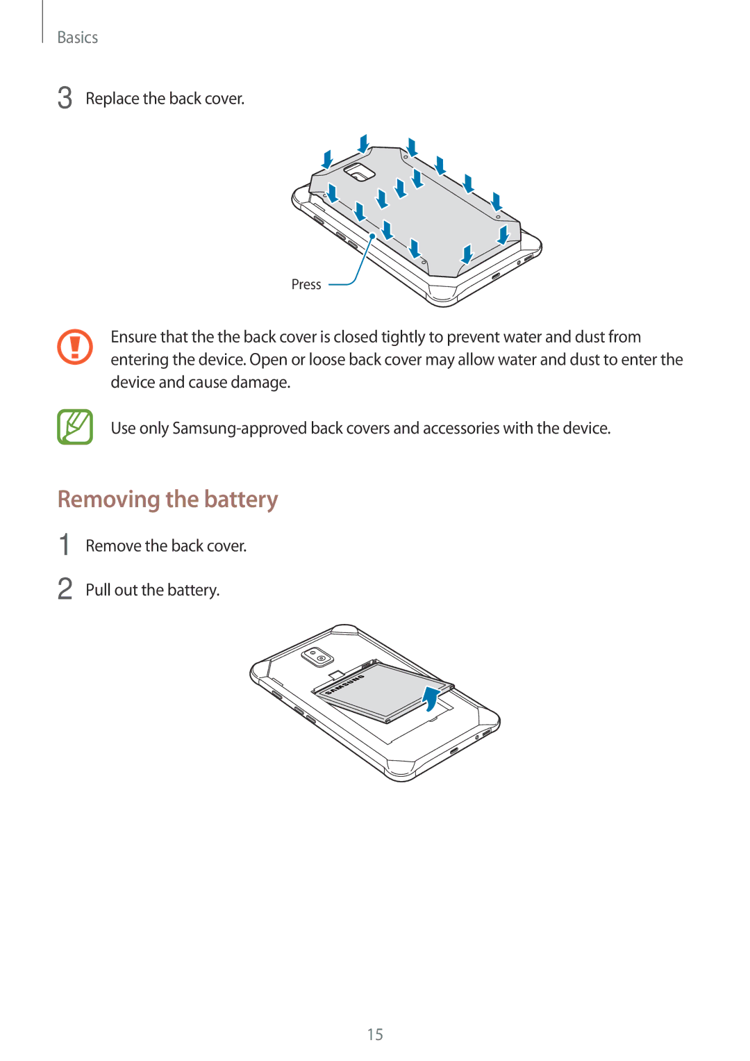 Samsung SM-T390NZKASER manual Removing the battery, Replace the back cover, Remove the back cover Pull out the battery 