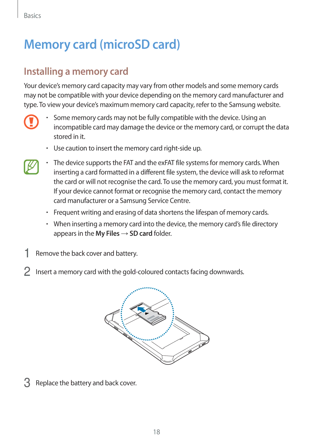 Samsung SM-T390NZKAITV, SM-T390NZKAATO, SM-T390NZKAXEF, SM-T390NZKAPHE Memory card microSD card, Installing a memory card 