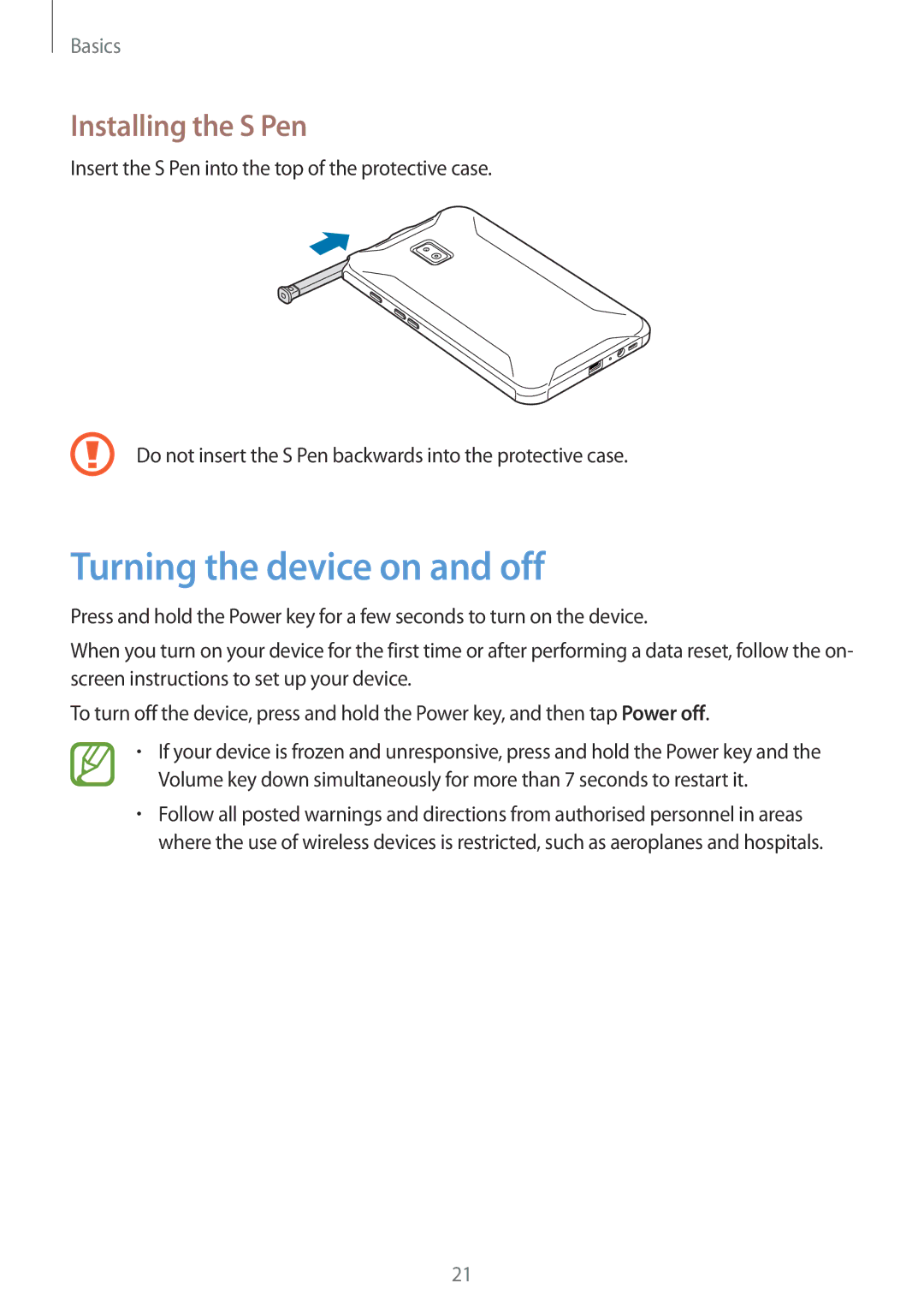 Samsung SM-T390NZKAEUR, SM-T390NZKAATO, SM-T390NZKAXEF, SM-T390NZKAITV Turning the device on and off, Installing the S Pen 