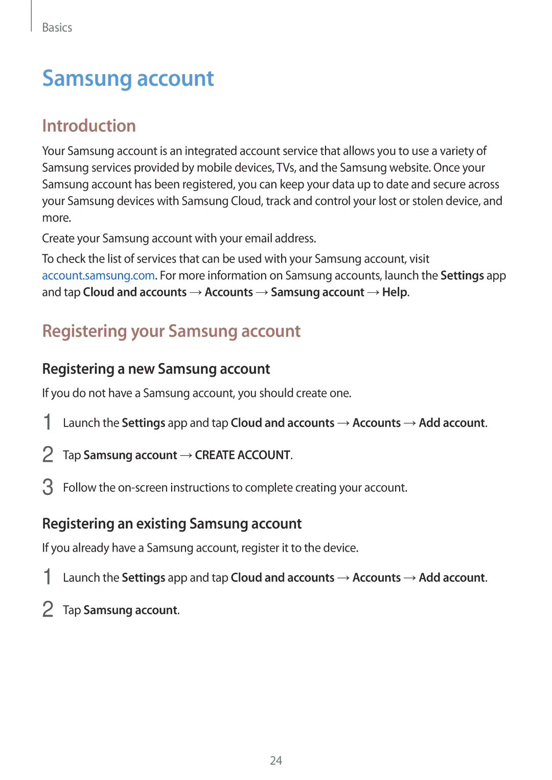 Samsung SM-T390NZKAATO manual Introduction, Registering your Samsung account, Registering a new Samsung account 