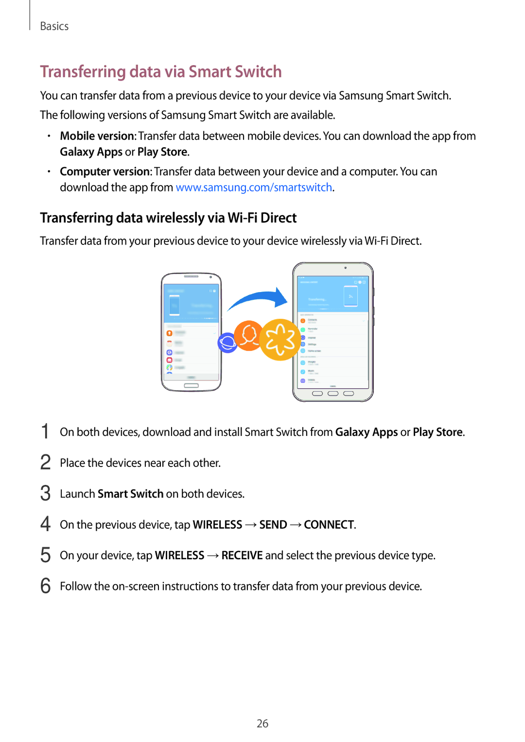 Samsung SM-T390NZKAITV, SM-T390NZKAATO Transferring data via Smart Switch, Transferring data wirelessly via Wi-Fi Direct 