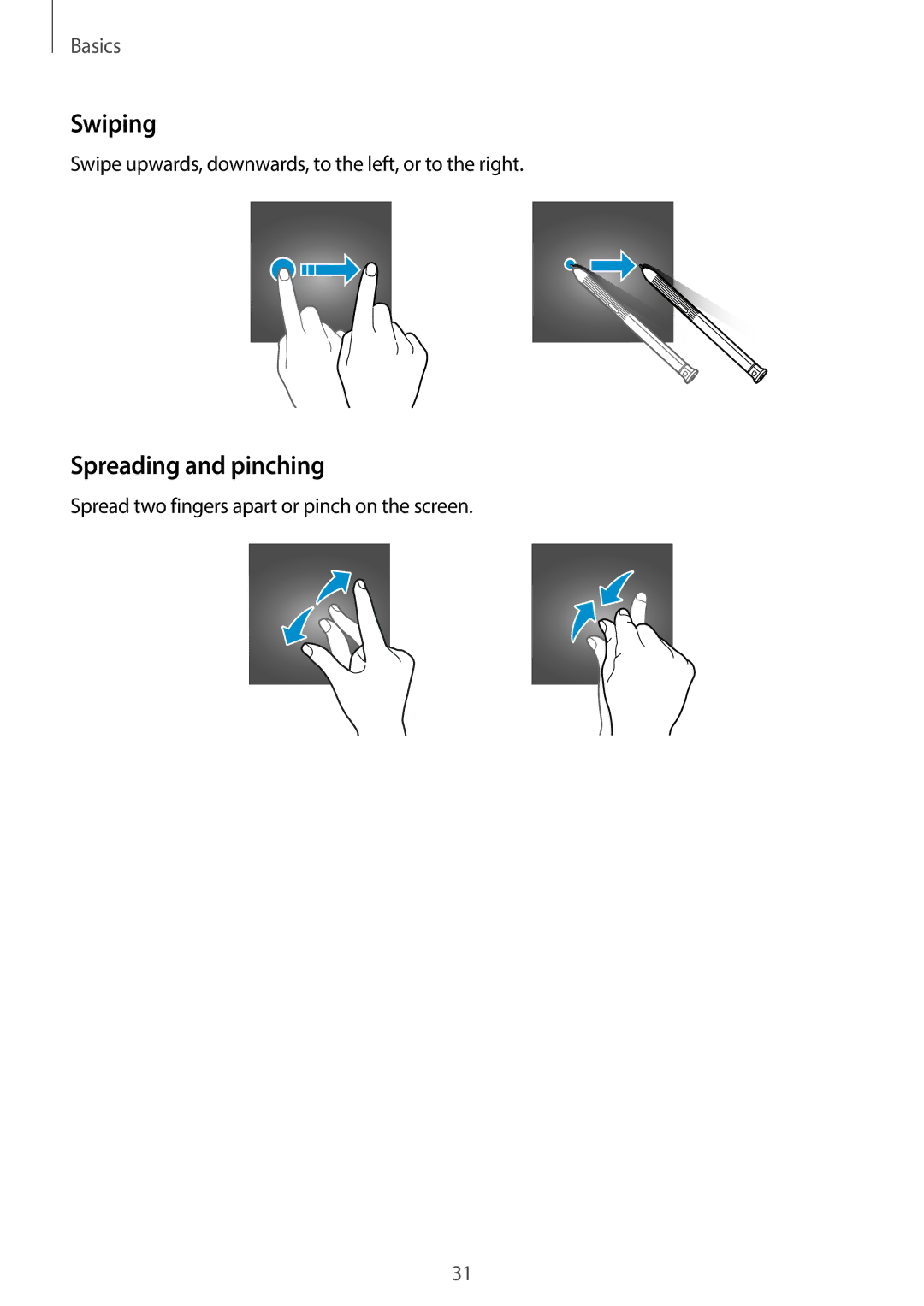 Samsung SM-T390NZKASER manual Swiping, Spreading and pinching, Swipe upwards, downwards, to the left, or to the right 