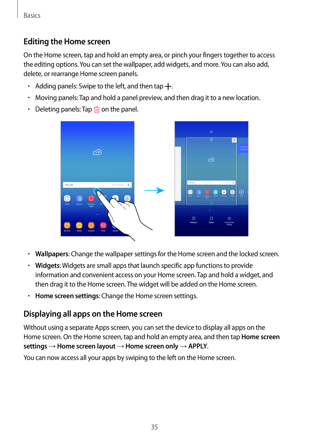 Samsung SM-T390NZKAPHE, SM-T390NZKAATO, SM-T390NZKAXEF manual Editing the Home screen, Displaying all apps on the Home screen 