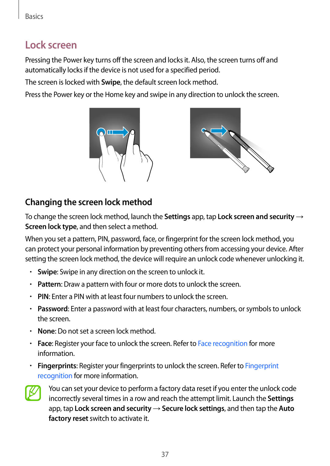 Samsung SM-T390NZKAEUR, SM-T390NZKAATO, SM-T390NZKAXEF, SM-T390NZKAITV manual Lock screen, Changing the screen lock method 