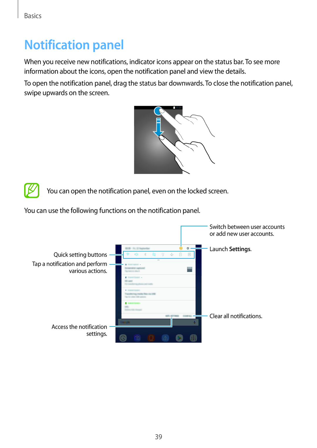 Samsung SM-T390NZKASER, SM-T390NZKAATO, SM-T390NZKAXEF, SM-T390NZKAITV manual Notification panel, Quick setting buttons 