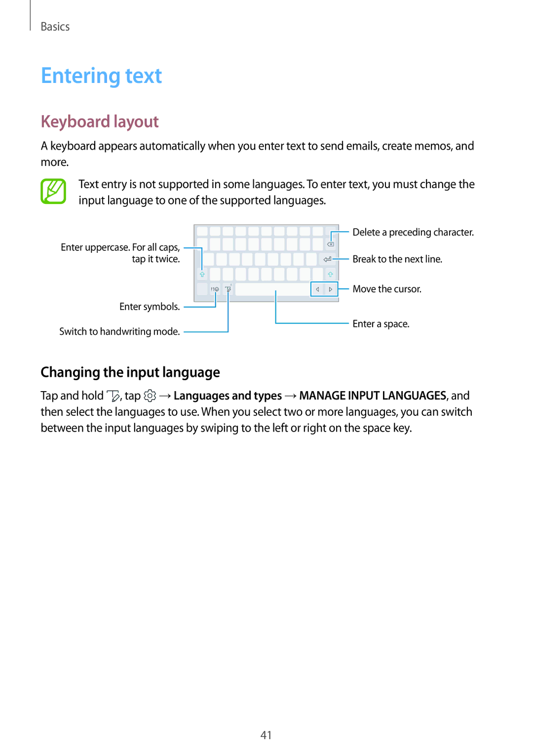 Samsung SM-T390NZKAXEF, SM-T390NZKAATO, SM-T390NZKAITV manual Entering text, Keyboard layout, Changing the input language 