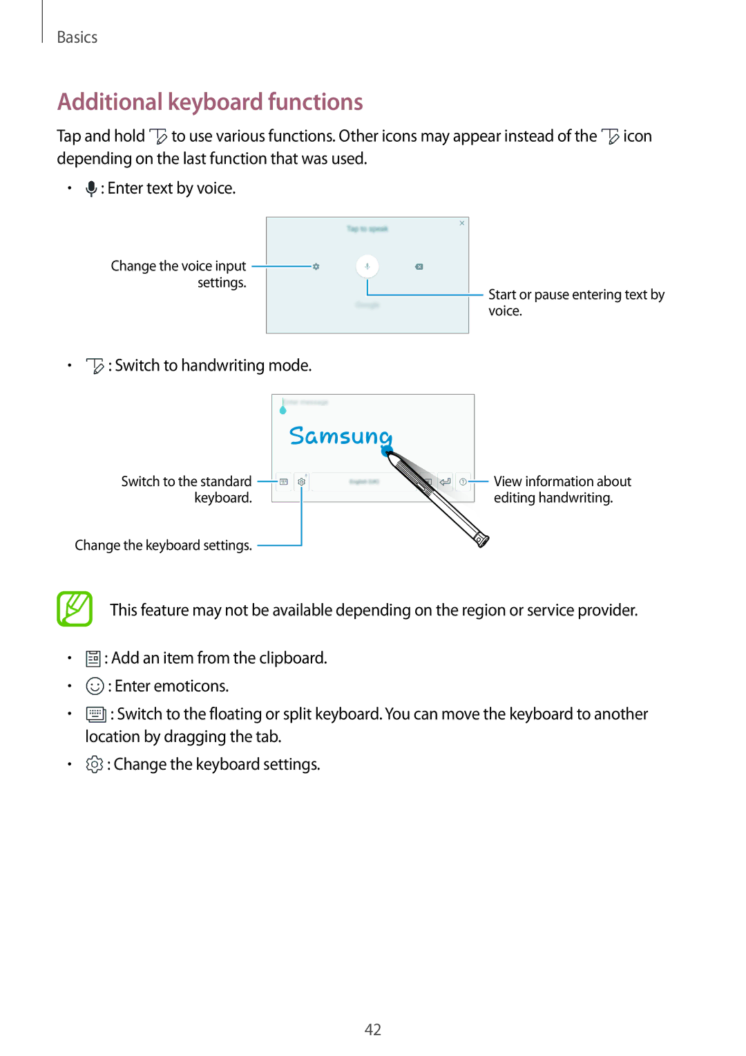 Samsung SM-T390NZKAITV, SM-T390NZKAATO, SM-T390NZKAXEF manual Additional keyboard functions, Switch to handwriting mode 