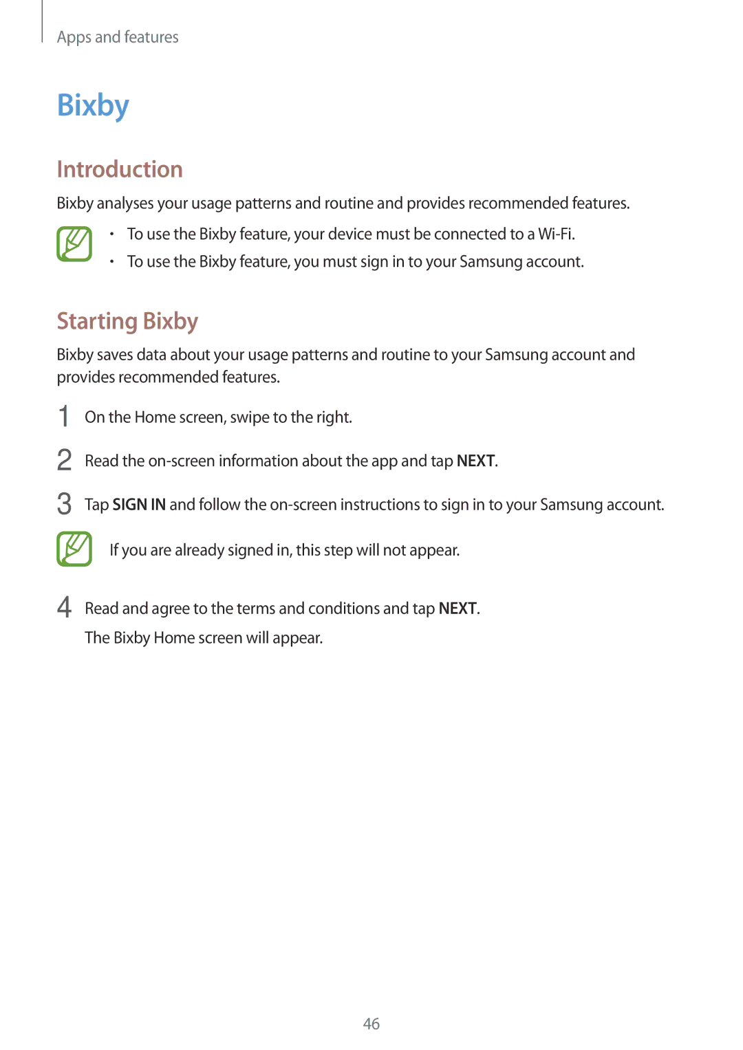 Samsung SM-T390NZKAXSK, SM-T390NZKAATO manual Starting Bixby, If you are already signed in, this step will not appear 