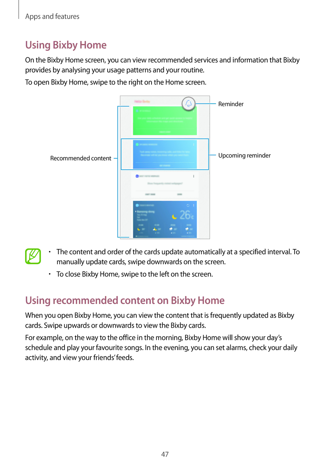 Samsung SM-T390NZKASER, SM-T390NZKAATO, SM-T390NZKAXEF manual Using Bixby Home, Using recommended content on Bixby Home 