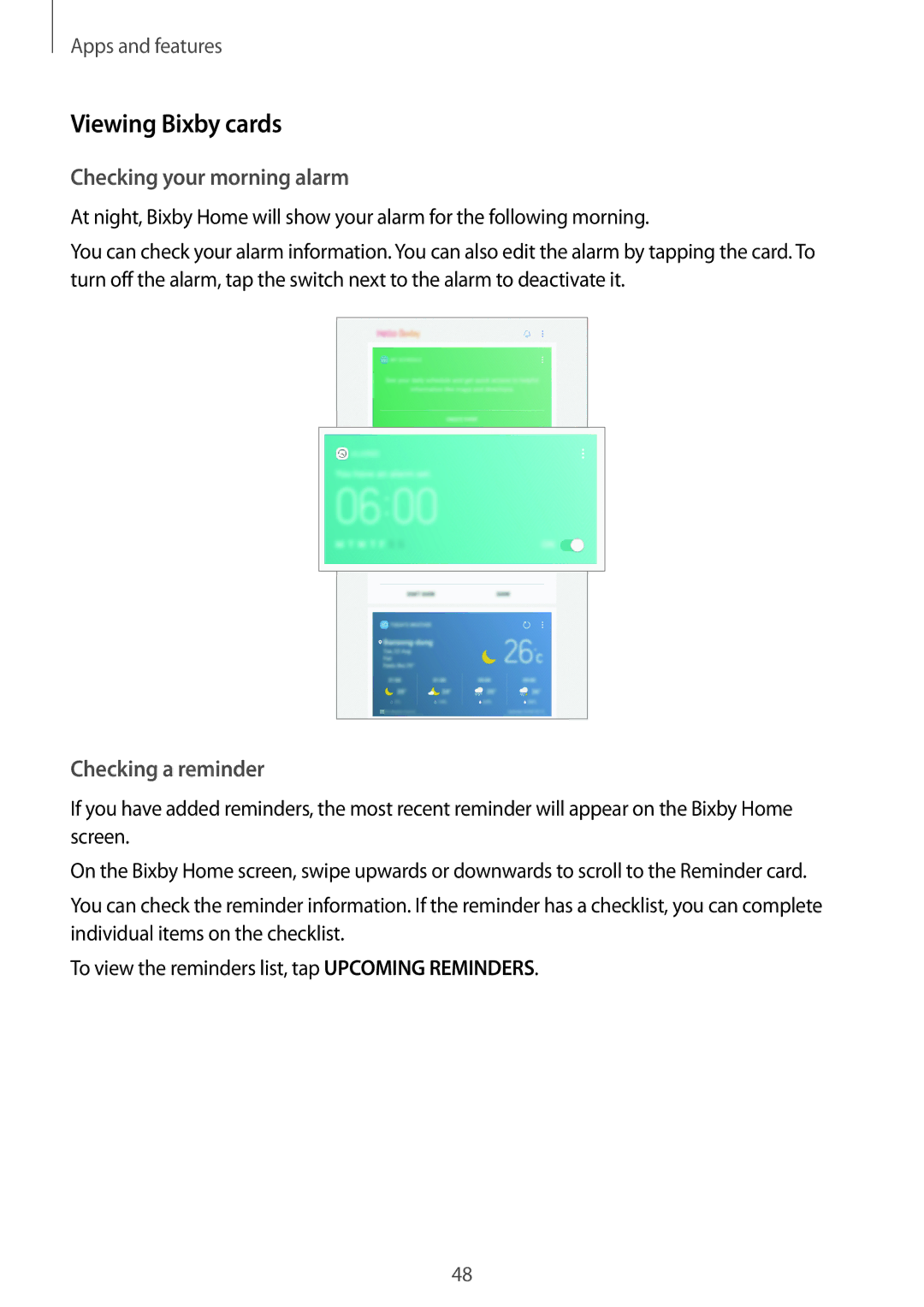 Samsung SM-T390NZKAATO, SM-T390NZKAXEF manual Viewing Bixby cards, Checking your morning alarm, Checking a reminder 