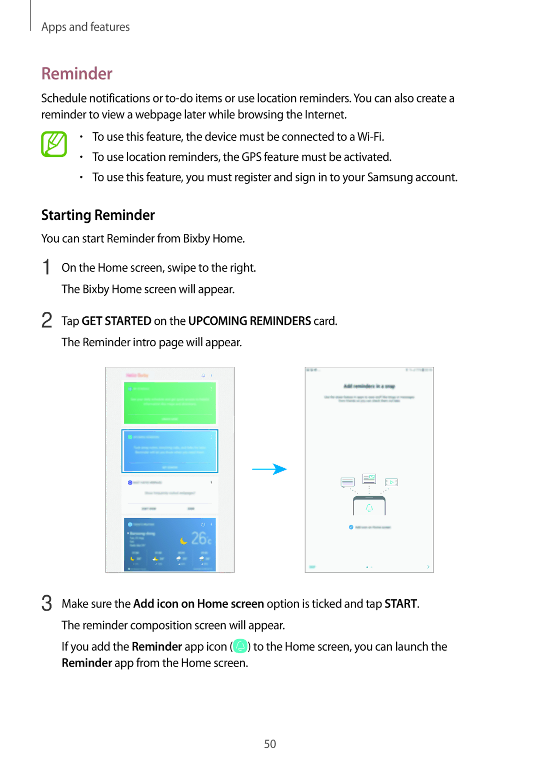 Samsung SM-T390NZKAITV, SM-T390NZKAATO manual Starting Reminder, Tap GET Started on the Upcoming Reminders card 