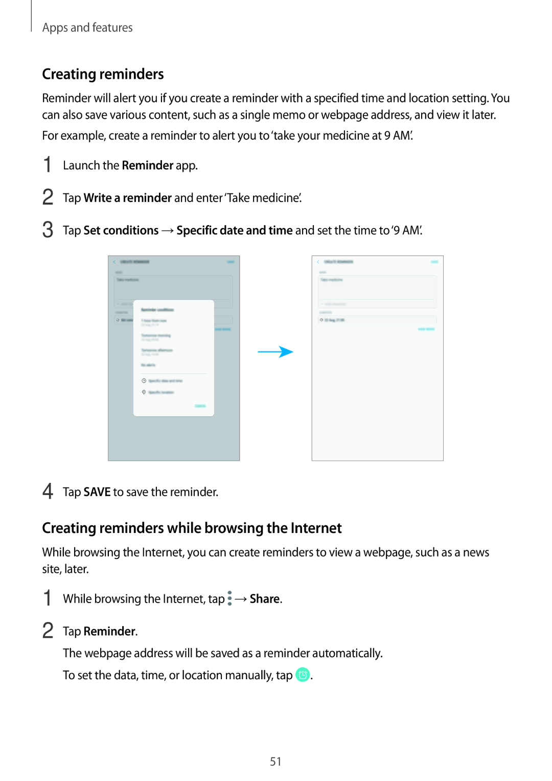 Samsung SM-T390NZKAPHE Creating reminders while browsing the Internet, Tap Save to save the reminder, Tap Reminder 